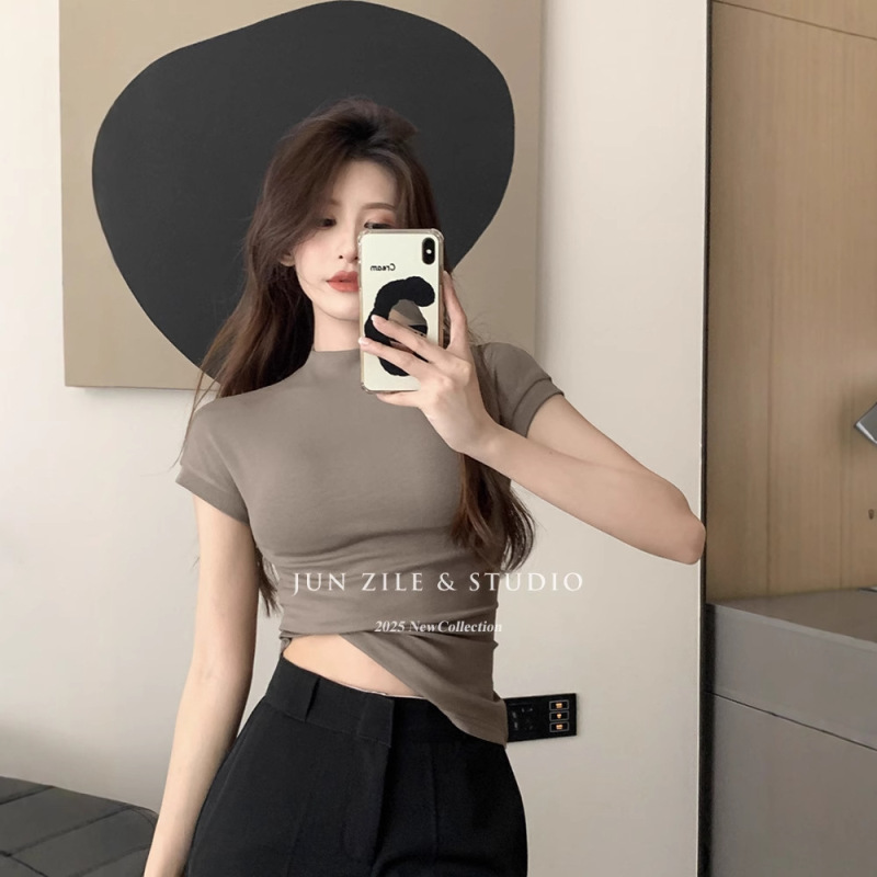 Half-high Collar Base Shirt with Pure Style Sexy Hot Girl Slim-fit Slimming Basic All-match Short-sleeve T-shirt for Women in Summer Half-high Collar Base Shirt with Pure Style Sexy Hot Girl Slim-fit Slimming Basic All-match Short-sleeve T-shirt for Women in Summer
