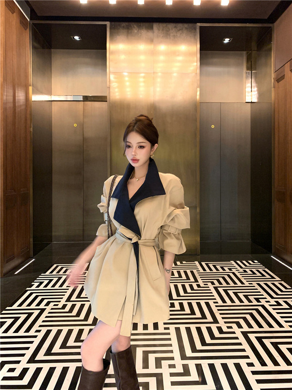 风衣外套女短款秋冬新款2025韩系英伦风气质撞色收腰翻领系带大衣|undefined