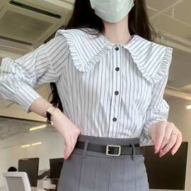 法式感黑白条纹翻领衬衫女秋装新款复古小众设计长袖上衣春秋