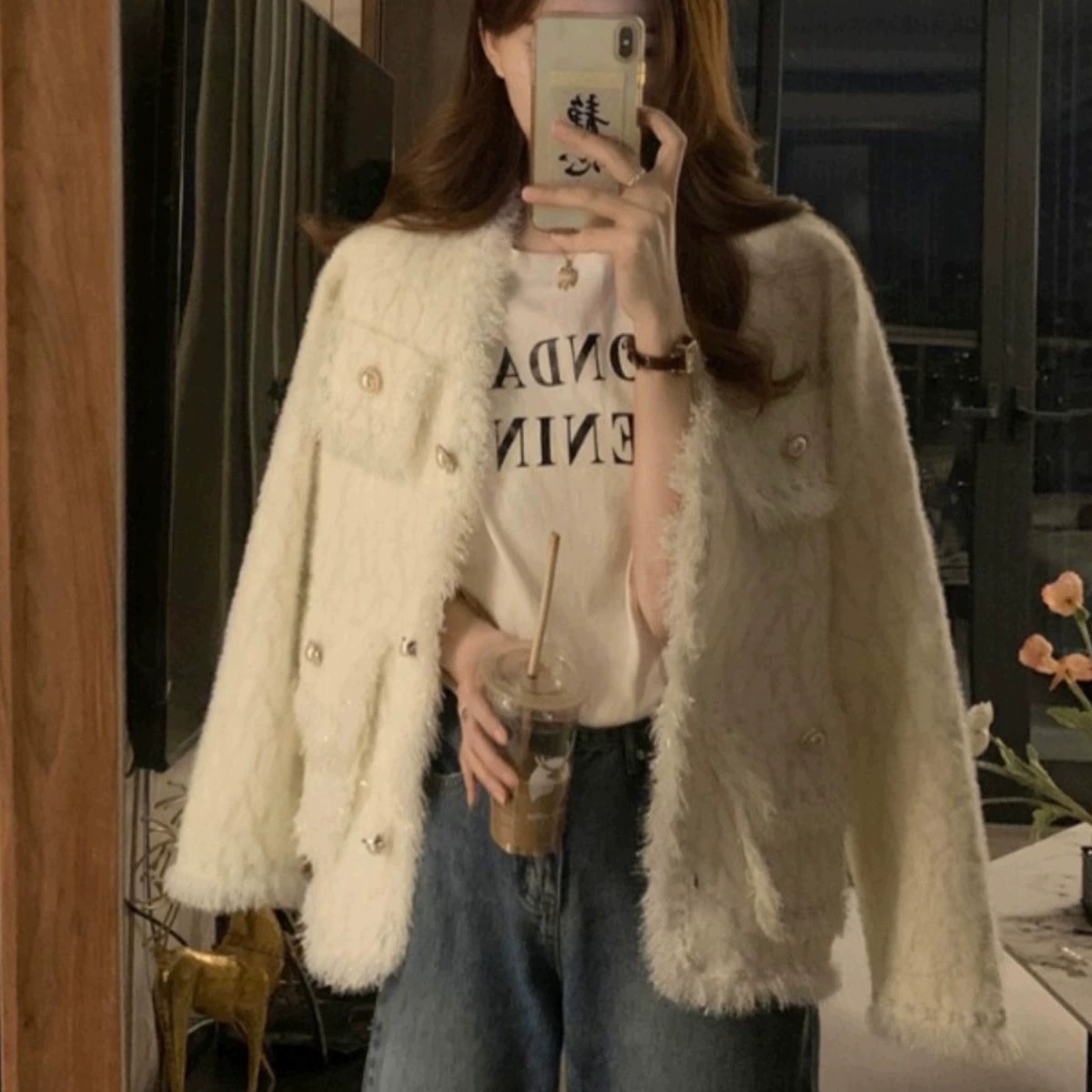 Демисезонная куртка, кардиган, шелковый свитер, стиль Chanel, V-образный вырез, плюс размер, свободный крой