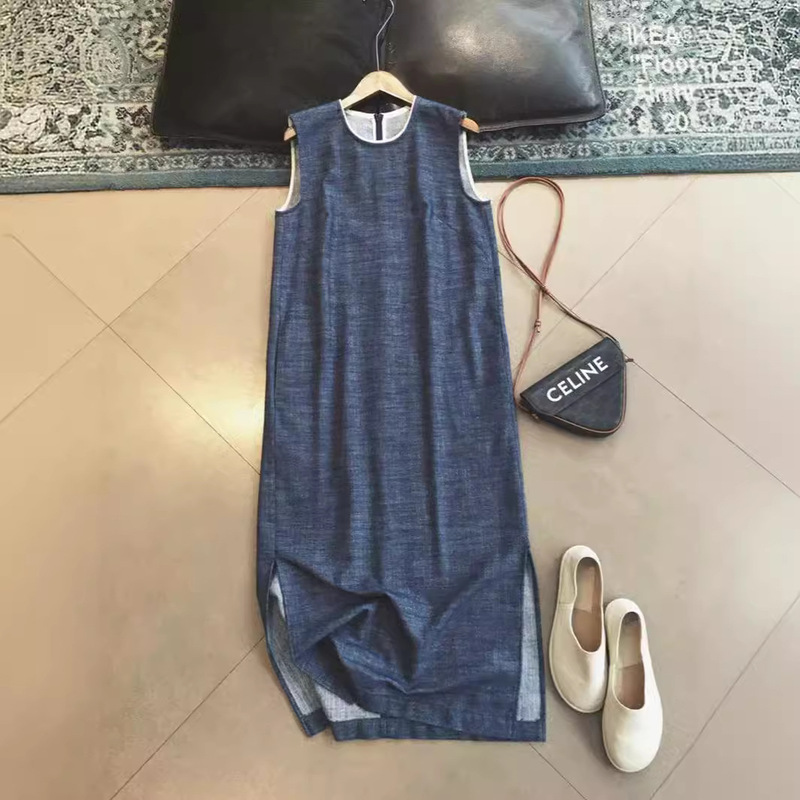 in stock yarn-dyed denim blue_round neck side split sub-linen cotton sleeveless dress 2024 summer popular skirt in stock yarn-dyed denim blue_round neck side split sub-linen cotton sleeveless dress 2024 summer popular skirt