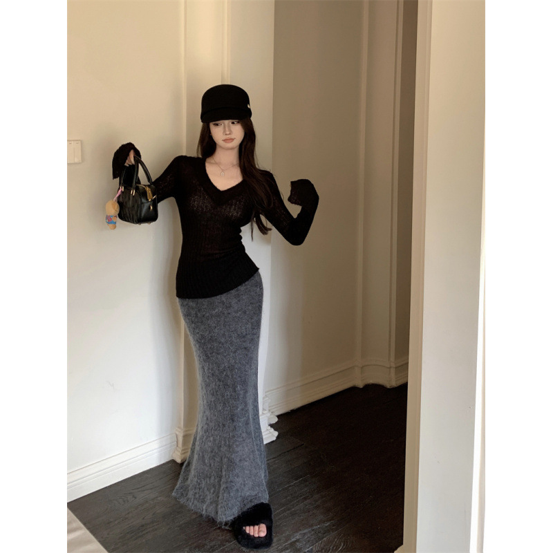 昕可达 纸片人慵懒开衩袖针织打底衫女春夏百搭V领显瘦长袖上衣|undefined