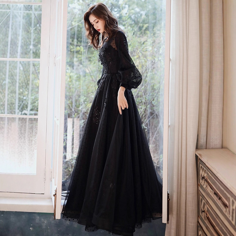 French-Style Black Evening Dress 2026 New Long-Sleeved Birthday Party Long Dress Performance Vocal Art Exam Dress French-Style Black Evening Dress 2026 New Long-Sleeved Birthday Party Long Dress Performance Vocal Art Exam Dress