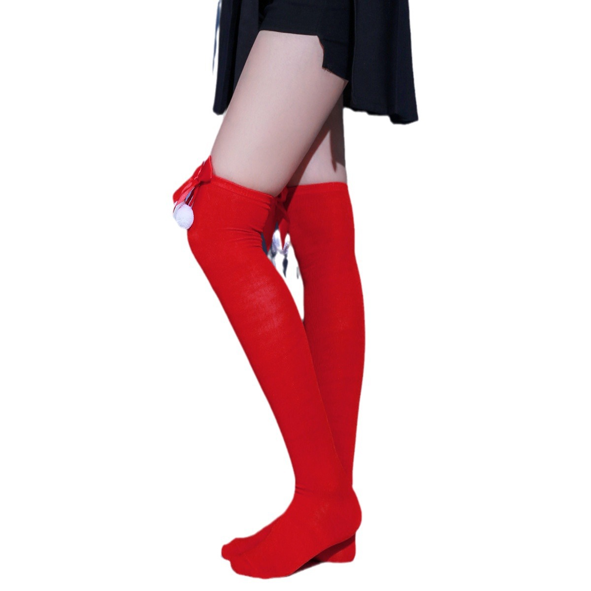 Gants de cyclisme d'hiver, chaussettes à nœud en boule de fourrure rouge au-dessus du genou, cloche de Noël, manches rouges, costume de Nouvel An_voghion.com