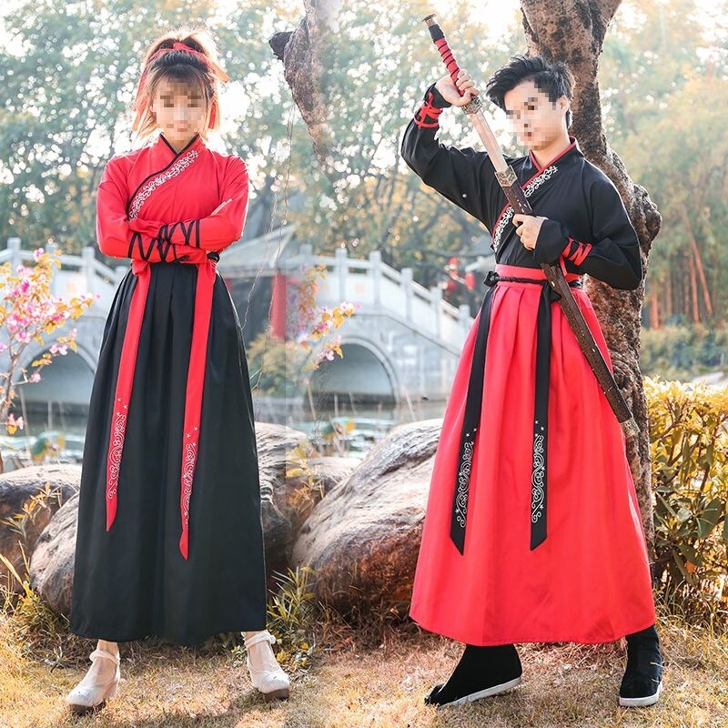 Ancient Costume for Men, Martial Arts Swordsman, Ancient Style Student Uniform, Red and Black Set, Improved Hanfu for Women Ancient Costume for Men, Martial Arts Swordsman, Ancient Style Student Uniform, Red and Black Set, Improved Hanfu for Women