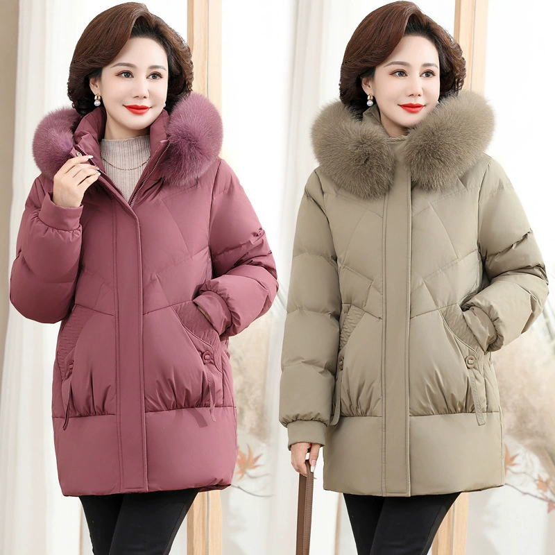 Среднего и пожилого возраста женщина одеваются 2024 зимний новый лиса шерстяной воротник теплый 90 пуховик темпераментный хлопчатобумажный костюм
