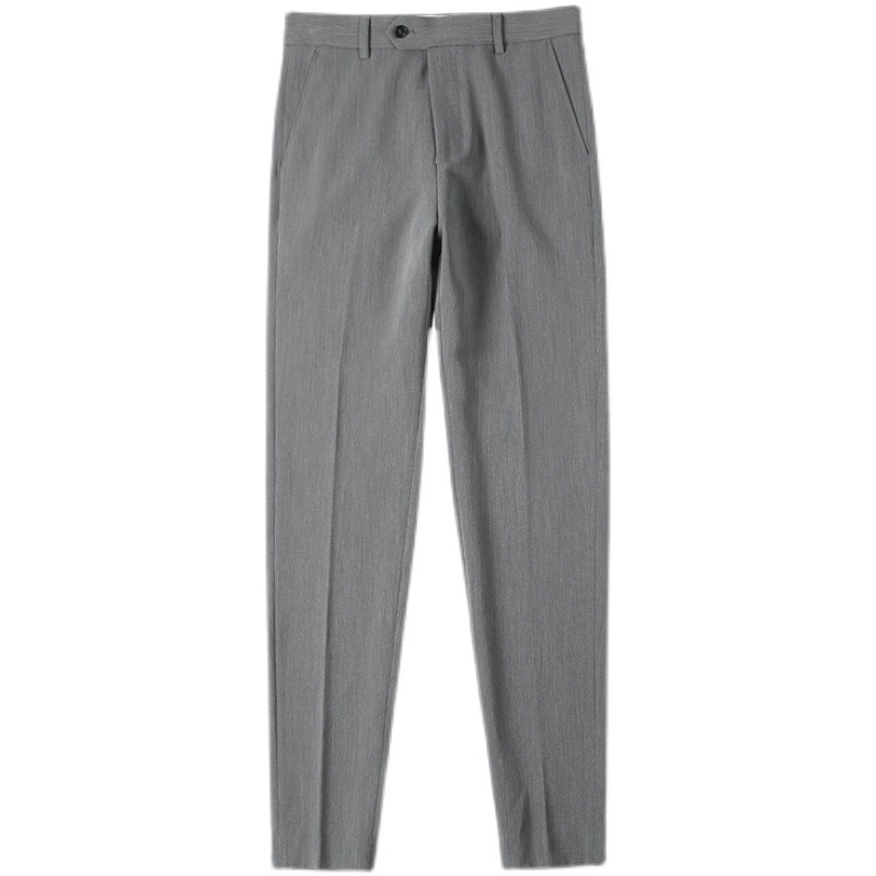 Venta al por mayor estilo coreano slim fit traje pantalones de verano fino grano recortado pantalones color sólido elegante traje casual de los hombres pantalones flacos