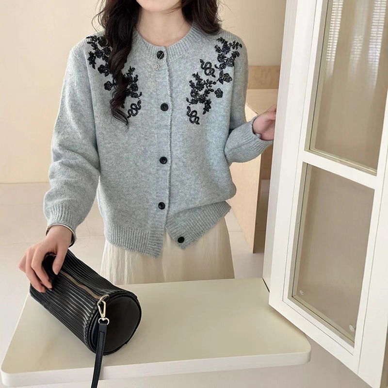 早秋新款重工钉钻少女风甜美浪漫短款刺绣针织小开衫女毛衣外套|undefined