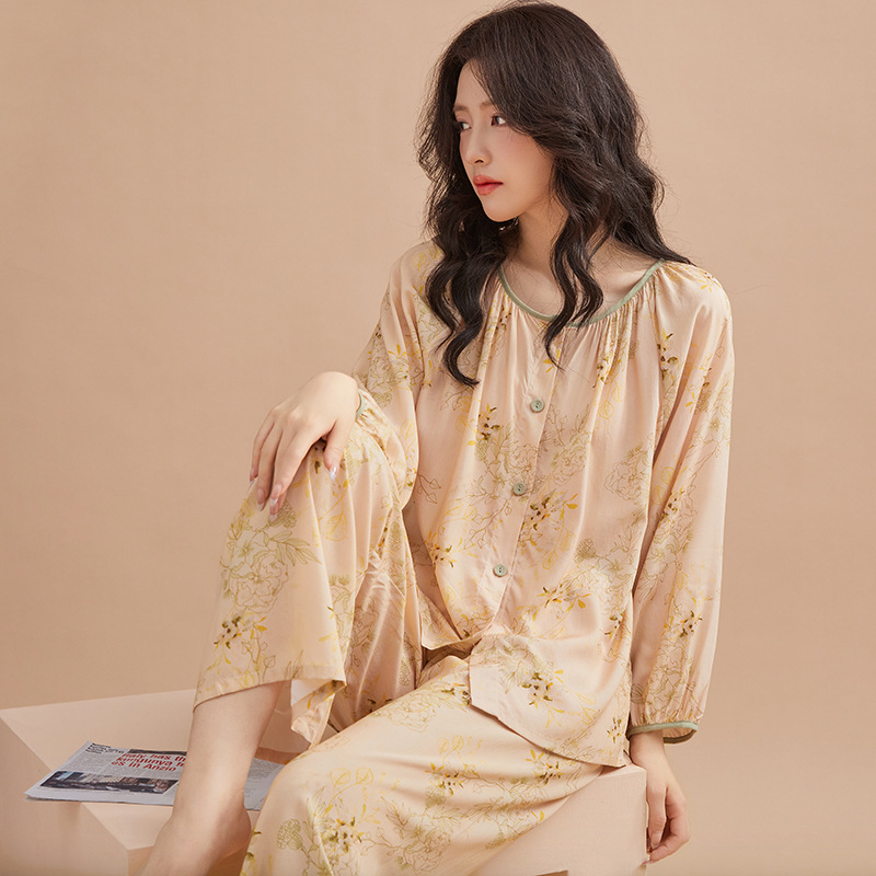 2026 Spring/Summer New Women's Pajamas Long Sleeve Long Pants 40-Count Full Cotton Silk Cardigan Set National Style Print Comfortable