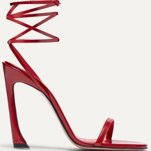 2024新款细跟红色绑带交叉凉鞋女露趾后空一字带时尚性感高跟鞋子