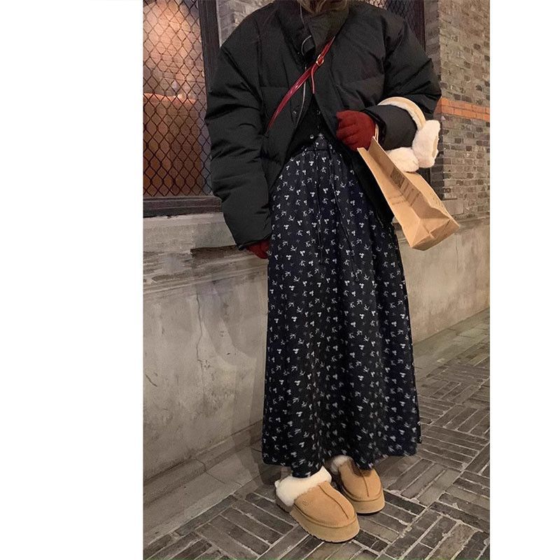 Japanese Style Velvet Skirt 2025 Autumn and Winter Elastic Waist A-Line Mid-Length Floral Skirt Sweet Temperament Versatile