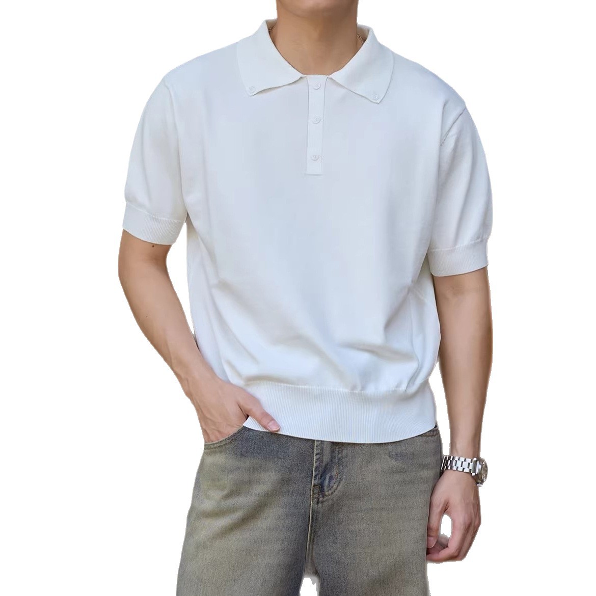 Polo camiseta de punto camiseta de manga corta botón hombre viejo dinero estilo de negocio delgado verano seda transfronteriza transpirable fábrica al por mayor
