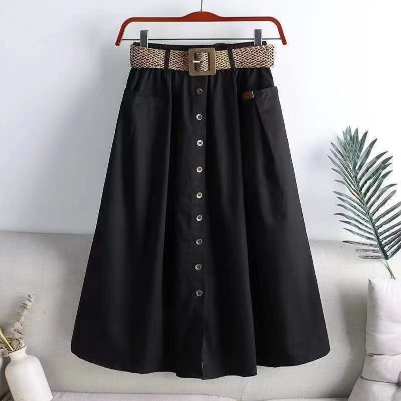 2025 New Summer Skirt, Versatile High-Waisted Slimming Look Slit Korean Style Long Skirt with Large Flap Pocket Pantss, Mid-Length A-Line Skirt