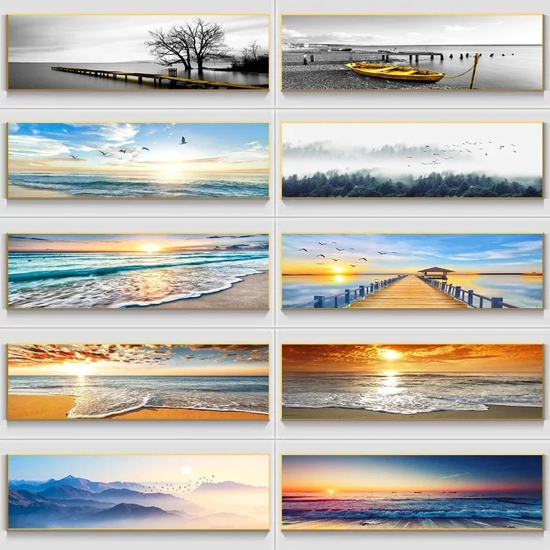 Cross-border hot sale natural beach sunset landscape oil painting frameless seaside posters and prints living room home decoration painting