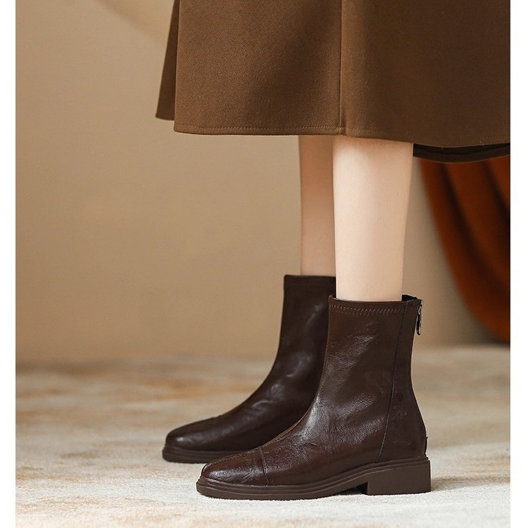 Ready Stock and Shipped in Seconds ~ British Style Pleated Chelsea Boots Brown Velvet Boots Women's Early Autumn Short Boots Slim Boots