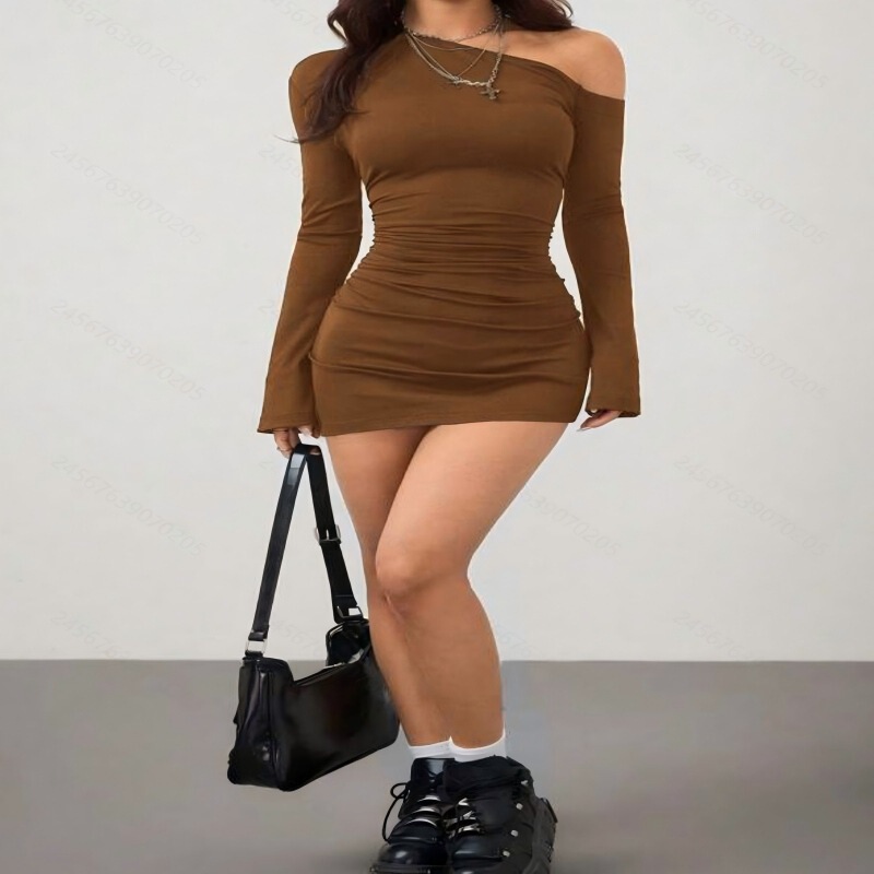 European and American Cross-Border 2025 Women's Spring New Year's Eve Date Night Ribbed Knit Pleated Asymmetrical Neckline Slim Dress European and American Cross-Border 2025 Women's Spring New Year's Eve Date Night Ribbed Knit Pleated Asymmetrical Neckline Slim Dress