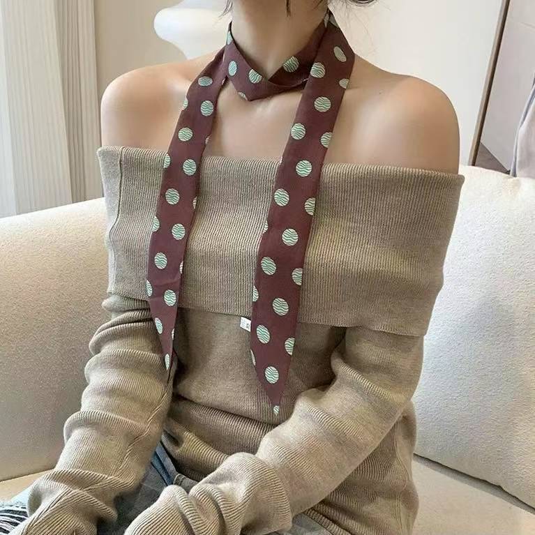2025 春夏の新韓国スタイルのロングシルクスカーフレトロ水玉チェック柄ネックスカーフヘアネクタイバッグリボン装飾|undefined