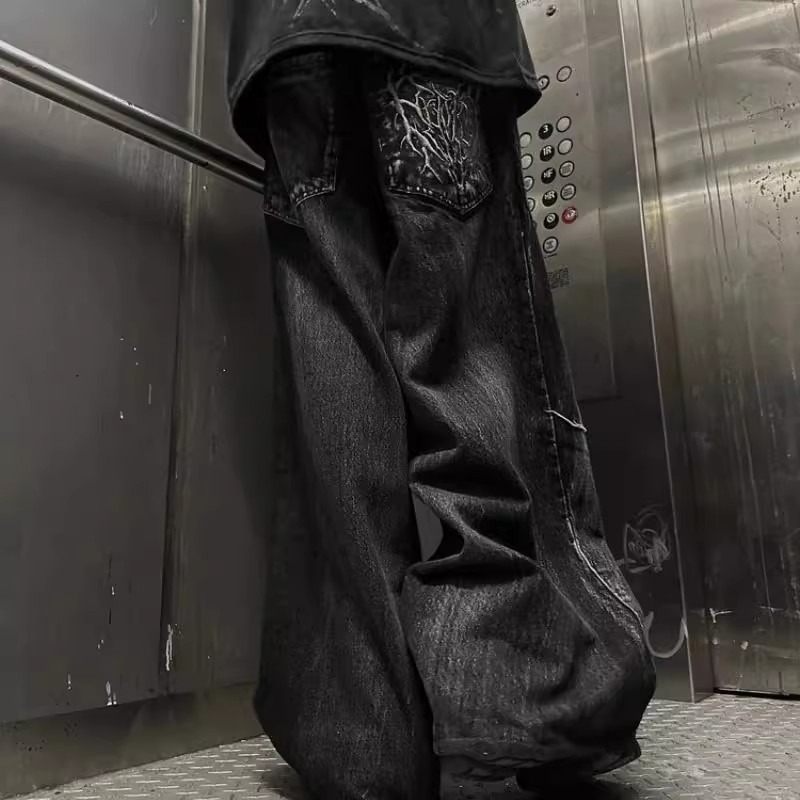 Gothic High-Waist Wide-Leg Trousers For Men Dark Trendy Retro Washed Loose Long Pants For American Street Style_mkmklike.com