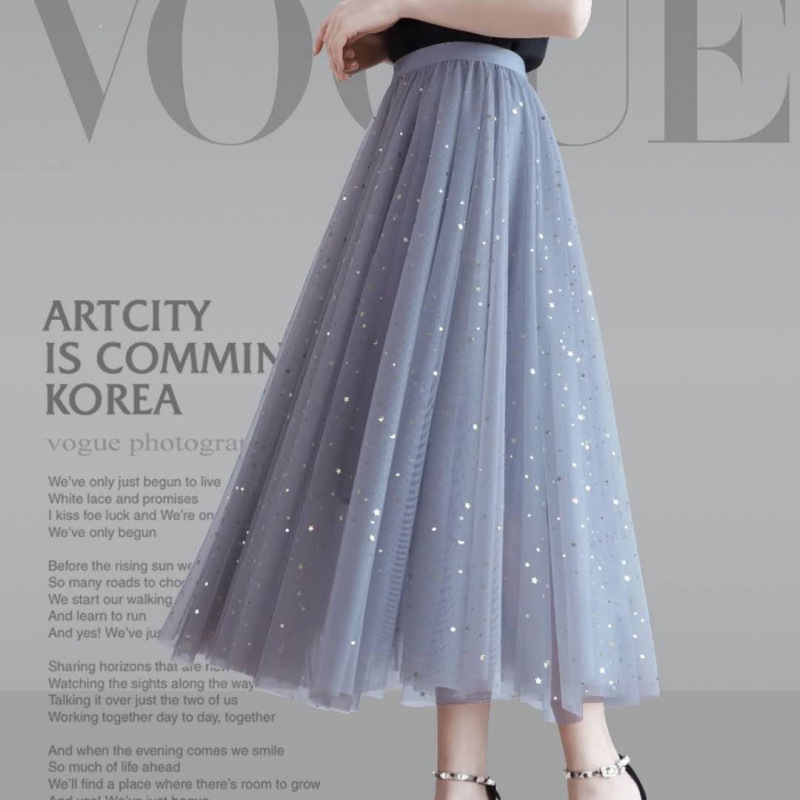 2026 New Fairy-Style Mesh Skirt, High-Waisted Spring/Summer Mid-Length Pleated Skirt, Shiny Skirt