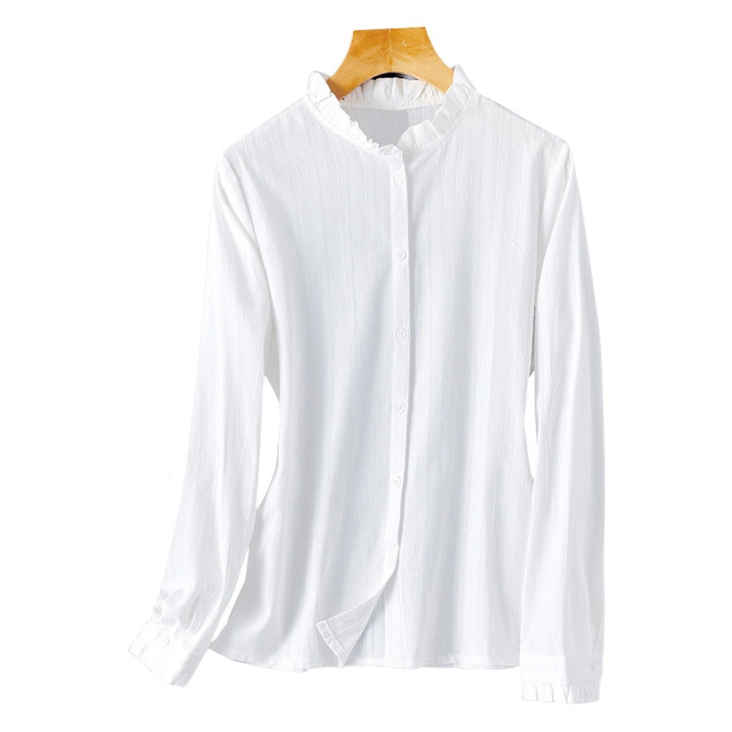 Cocoon de algodón, cuello de oreja de madera, camisa blanca, manga larga para mujer, primavera 2025, nueva camisa de algodón, camisa de fondo