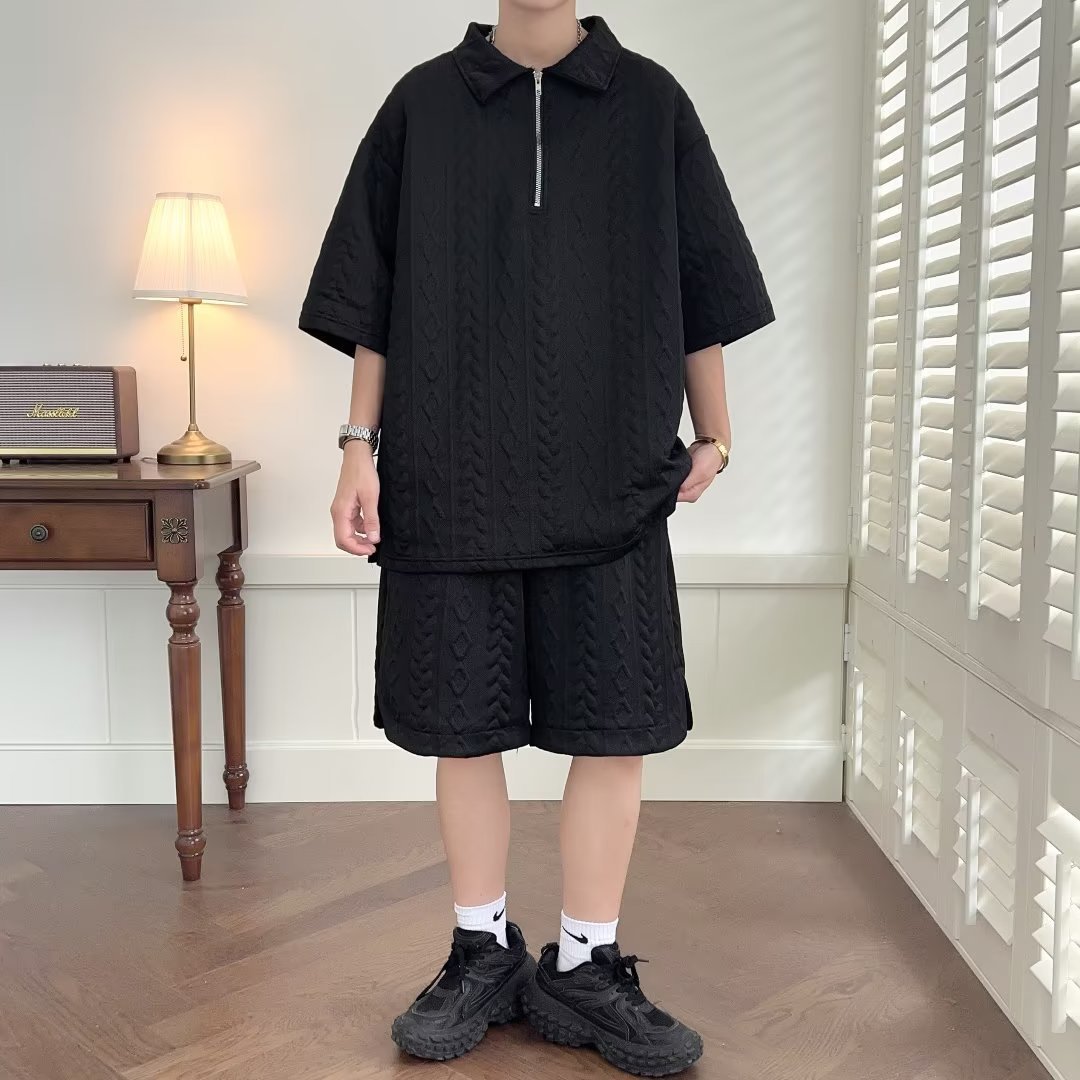 Waffle Polo Shirt Short-sleeved Shorts Set Summer Thin Loose Casual Sports Set Men's Outdoor Set Trendy