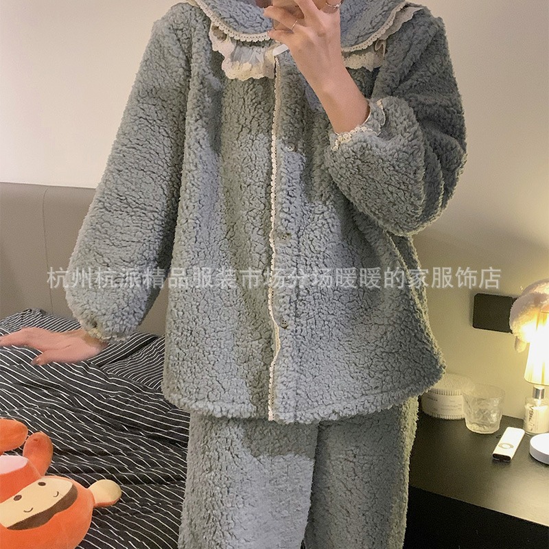 韩版冬季羊羔绒加绒保暖睡衣甜美长袖家居服女套装可外穿秋冬