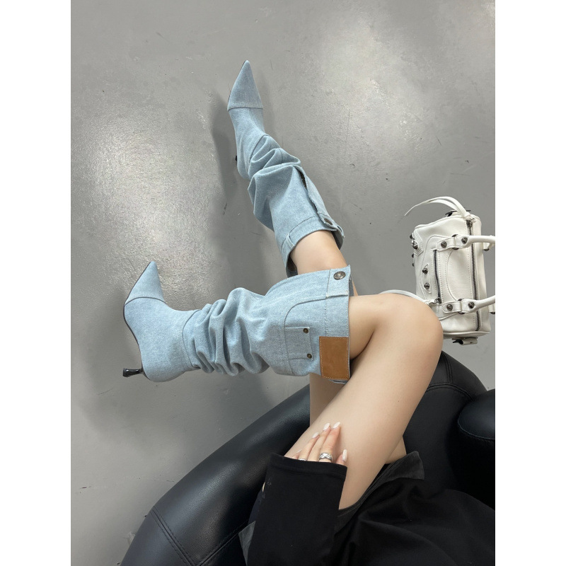 Qadın üçün uzun denim çəkmə, iti burunlu, platforma daban