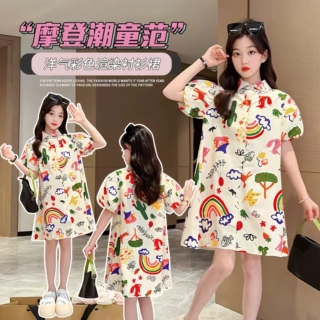 女童夏季2025短袖中大童衬衫裙卡通涂鸦公主连衣裙翻领可爱卡通
