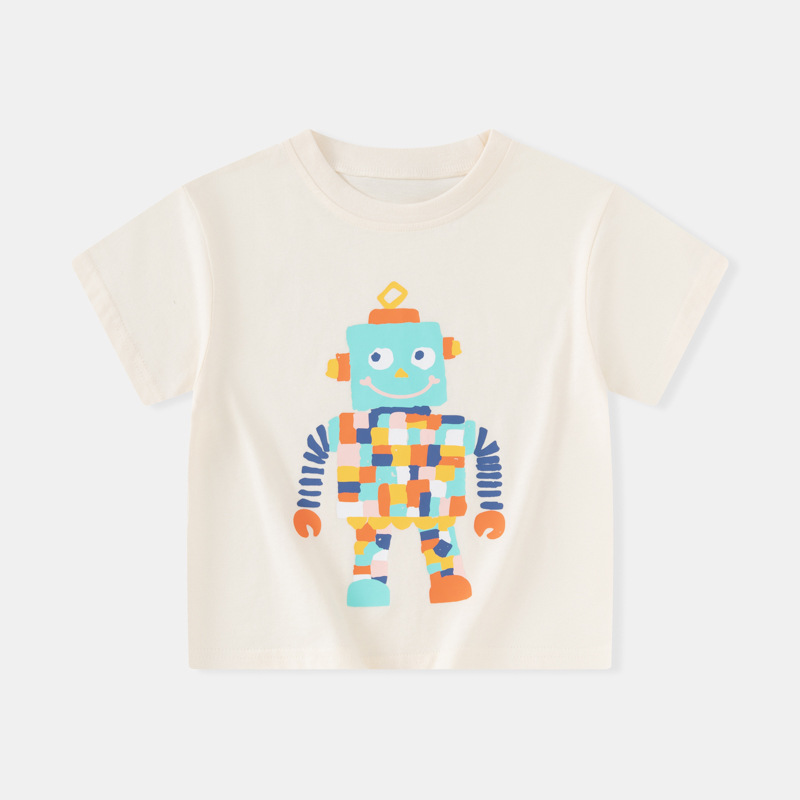 Ropa para niños de verano nuevo robot para niños ropa para bebés fuente de Douyin suéter suelto de cuello redondo cabello de una pieza