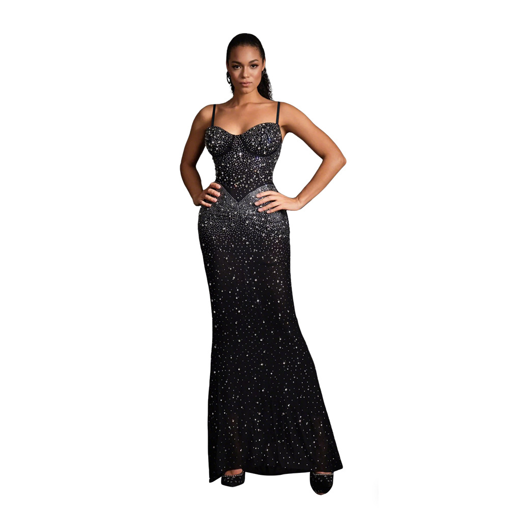 Elegant Spaghetti Strap Long Dress With Rhinestone Details, Women's Chic Bodycon Maxi Dress For Parties_ecoleips.com