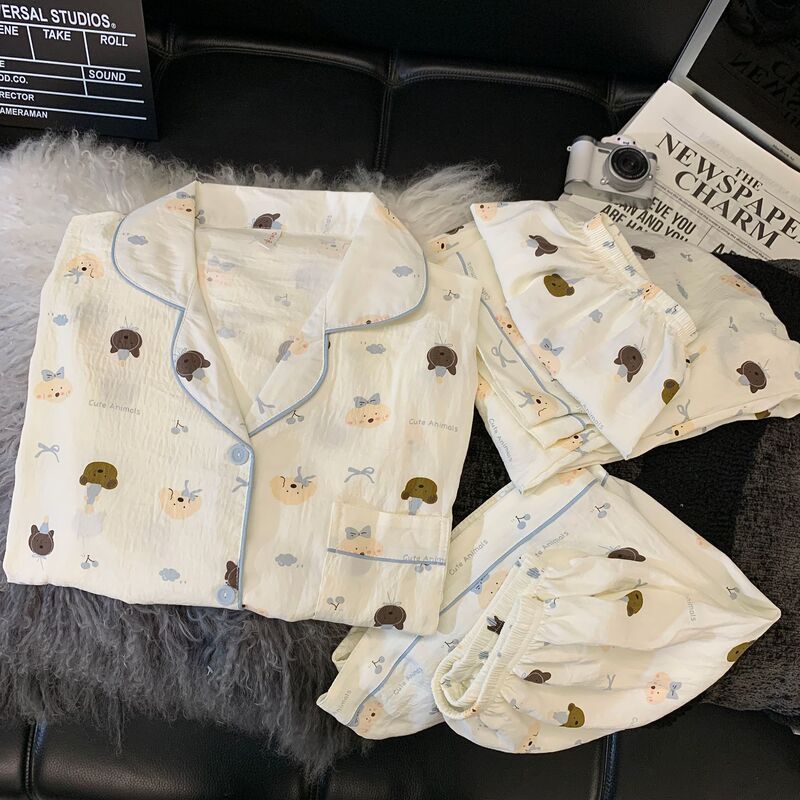 【蓝豹纹凯蒂猫】蓝色豹纹短袖云朵绵三件套褐色领睡衣女夏家居服|undefined