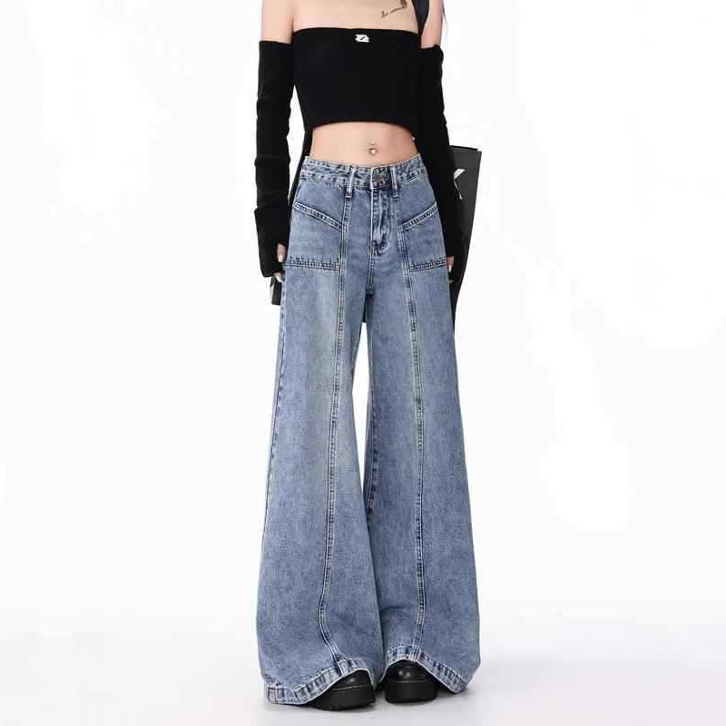 American Blue Niche Wide-Leg Flared Pants for Women 2025 New Style Washed Design Loose Slimming Floor-Length Jeans