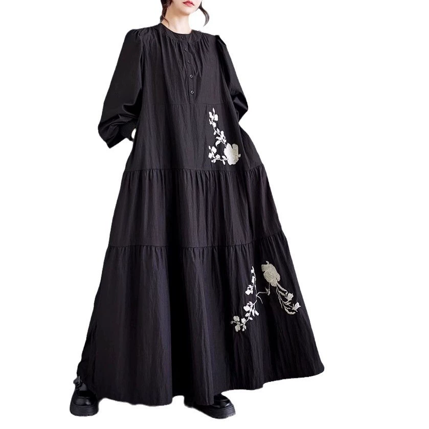 Fashionable autumn long skirt, dress, with embroidery, flowered, plus size