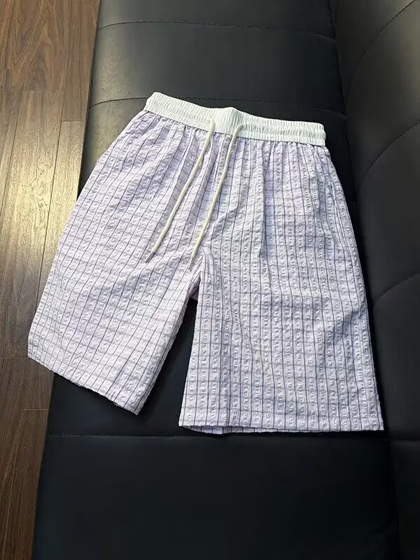 Men's Thin Seersucker Ice Silk Plaid Quick Drying Beach Shorts Summer Athletic Capri Pants_viptrois.com