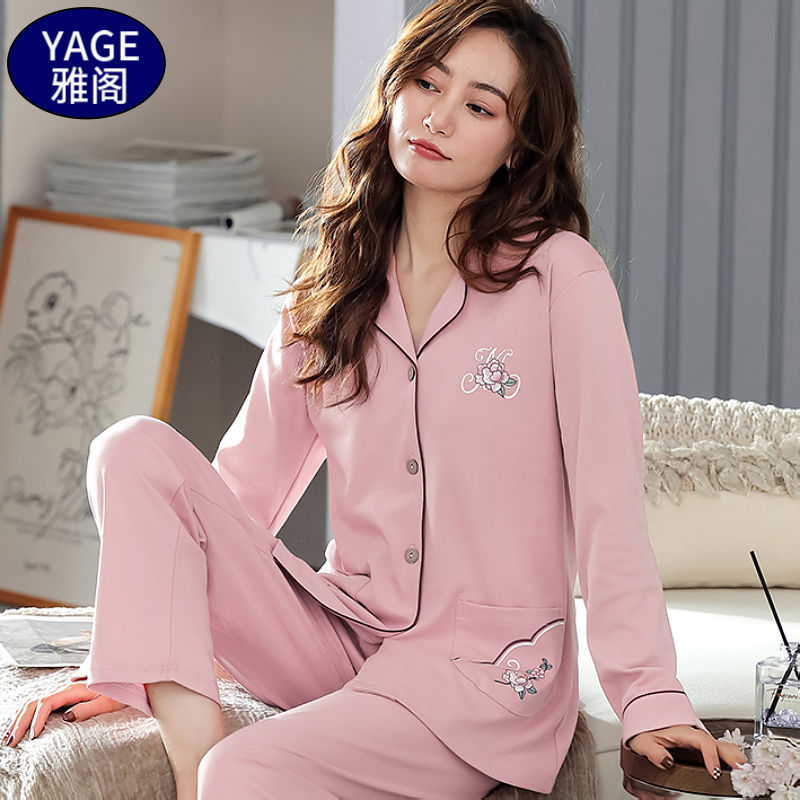 Pijamas de algodón puro Primavera y otoño de las mujeres de manga larga más tamaño cardigan traje de mediana edad y ancianos madre pijamas Otoño e Invierno