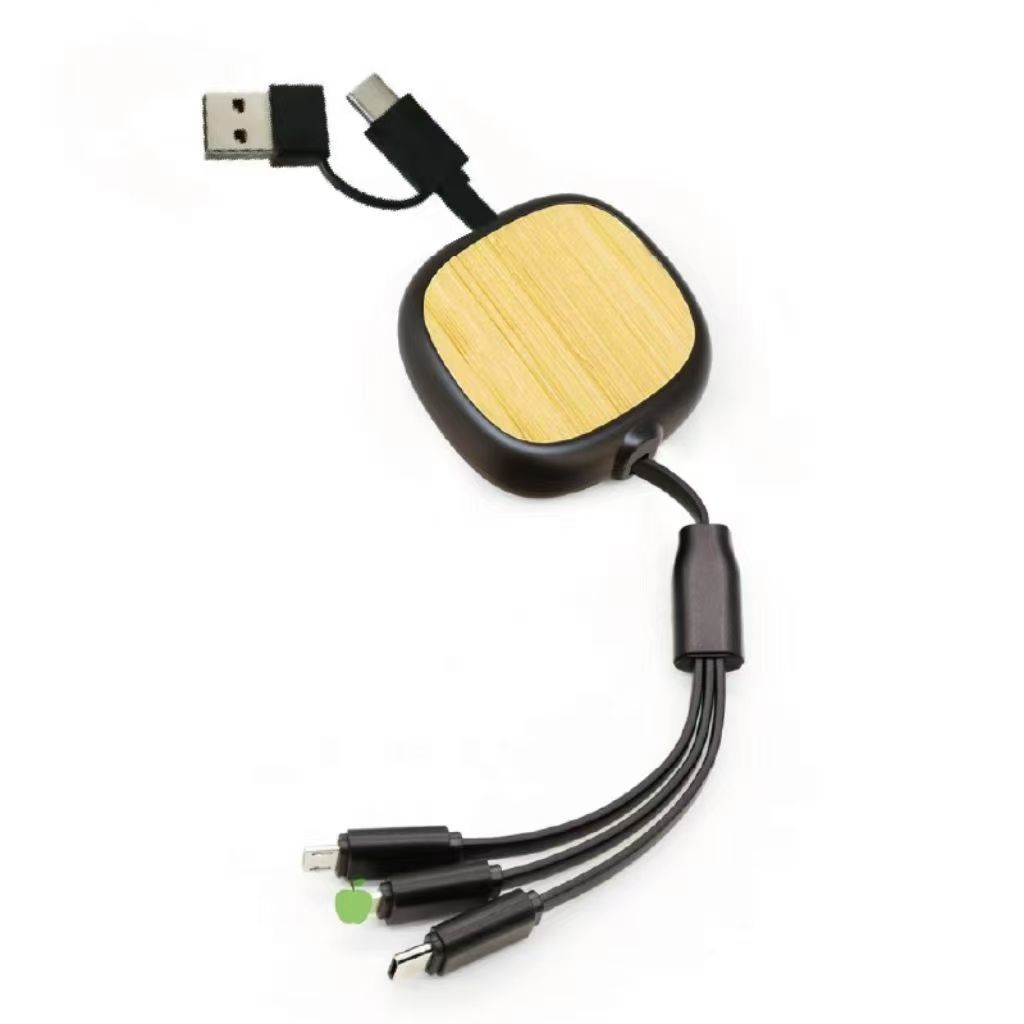 Cable de datos de paja de trigo, cable de carga tres en uno, cargador rápido cuadrado, multifunción, logotipo de impresión de madera y bambú transfronterizo