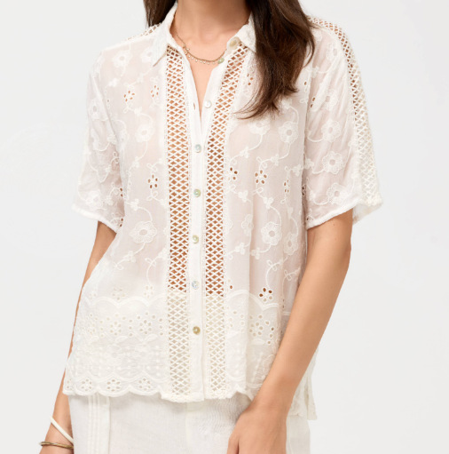 Verano Europa y América comercio exterior ropa de mujer lujosa camisa de encaje agujerada de estilo francés de mujer con solapa suelta de algodón de manga corta