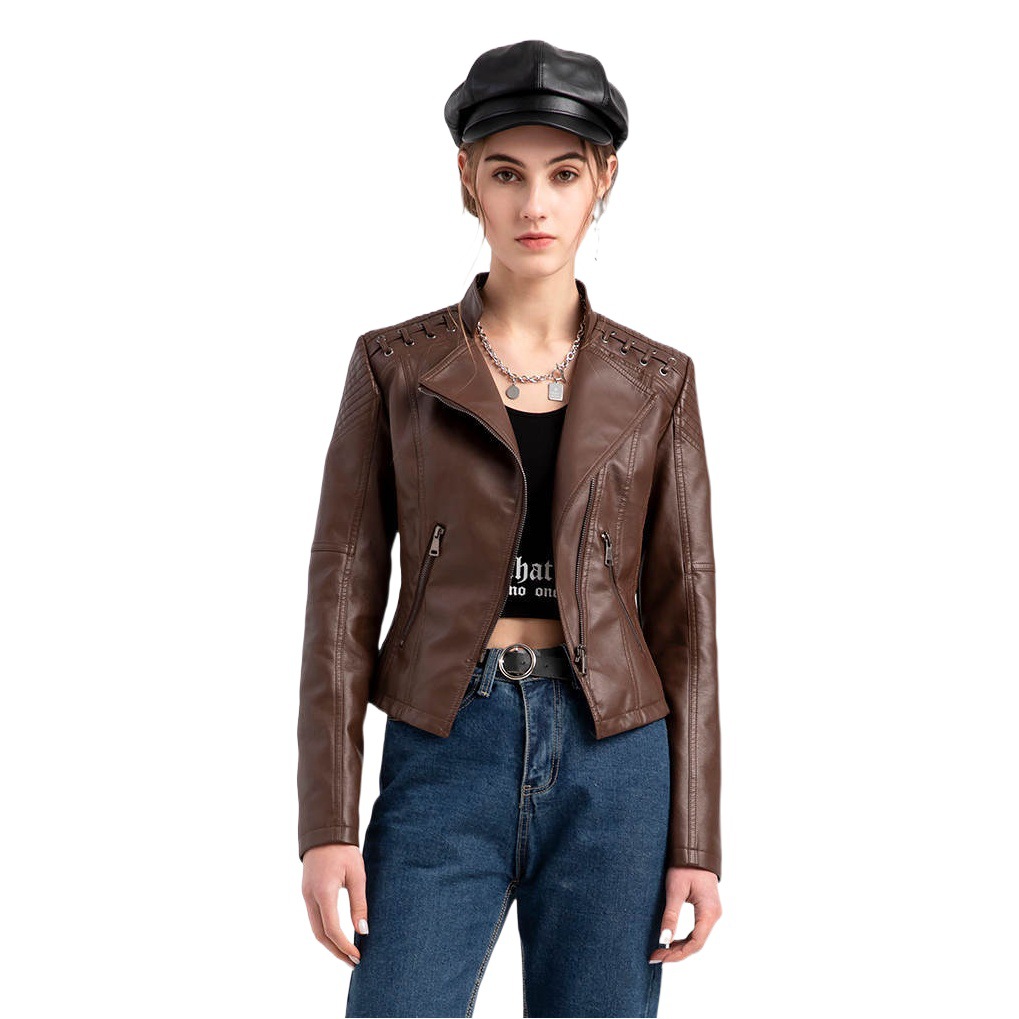 2023 Cross-Border European Size New Spring and Autumn Women's Leather Jacket Women's Short Jacket Slim Thin Leather Jacket Women's Motorcycle Wear