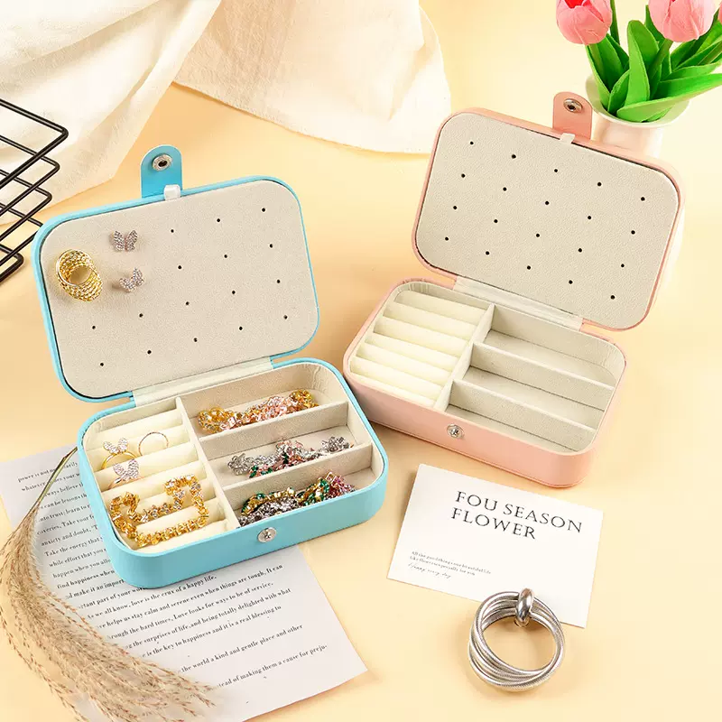 首饰盒纯色收纳包简约按扣式女式便携式双层戒指耳钉收纳盒饰品盒