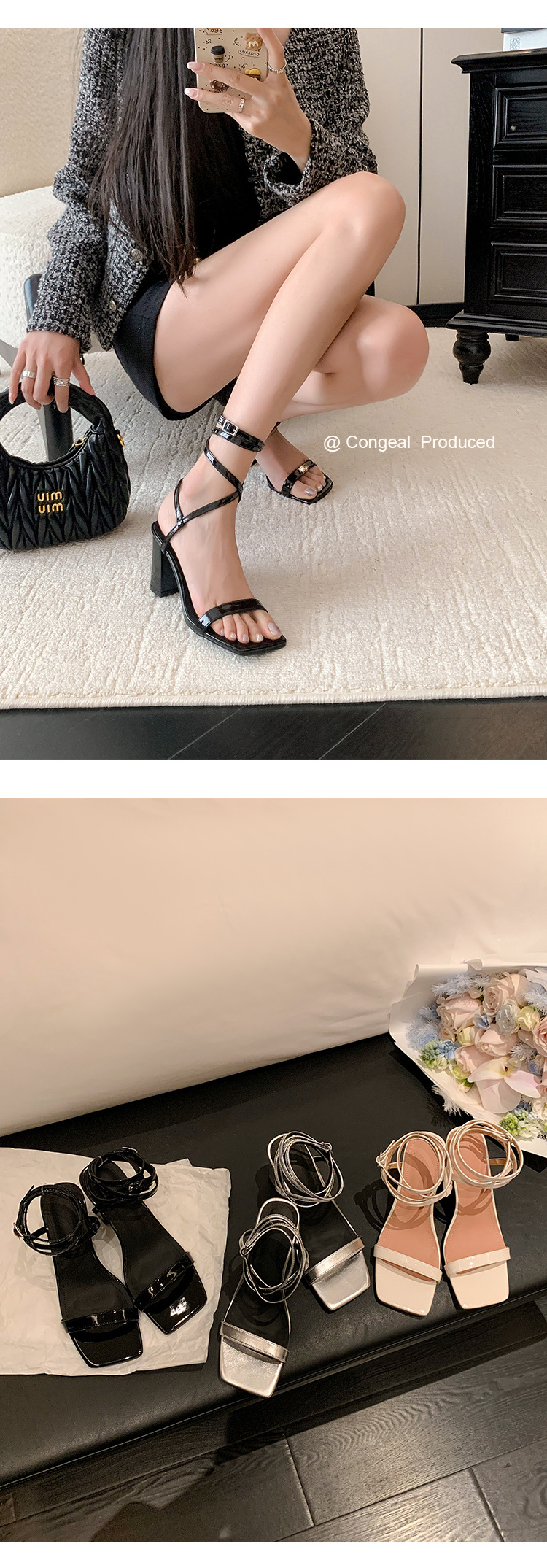 Sandal cao gót nữ hở mũi quai chân phong cách tiên nữ gót thô — Màu đen chi tiết 15