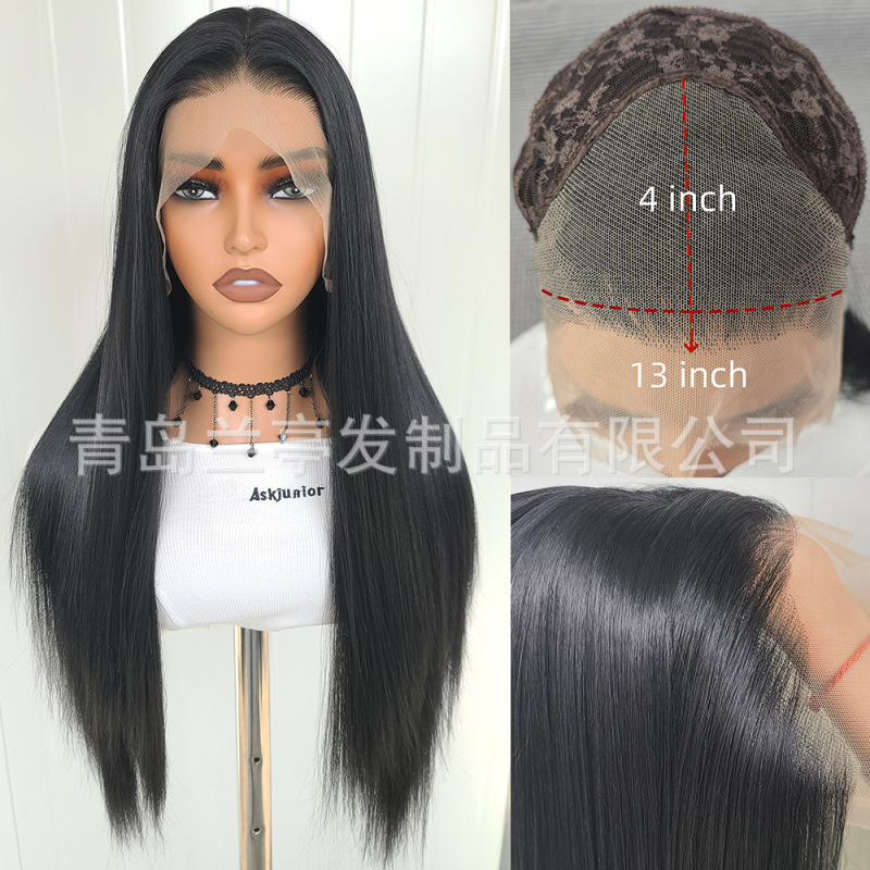 Women's 13*4 Lace Front Synthetic Wig Black High-Temperature Mixed Fiber Front Hand-Tied Natural Hairline