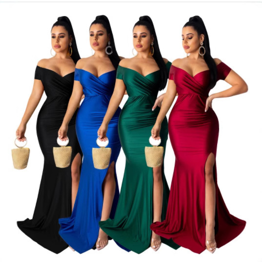 AL243 classic solid color high waist slim evening dress, off-the-shoulder design and split, showing elegant charm