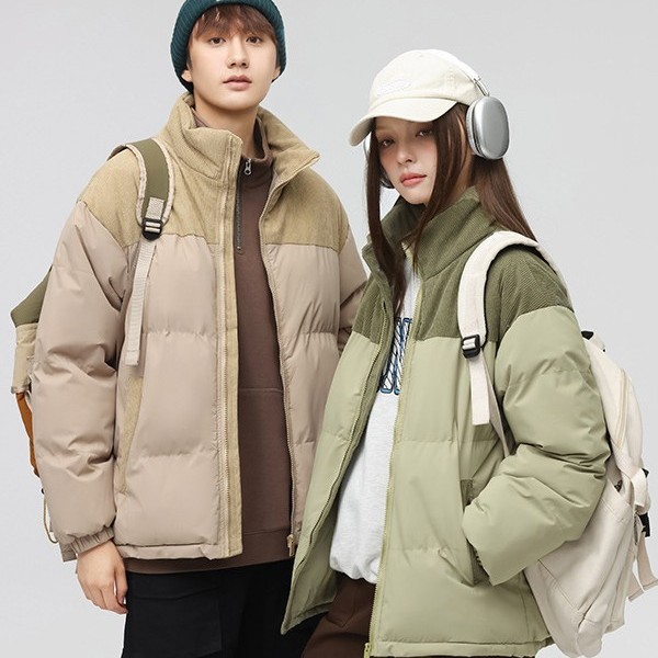 Two-tone down cotton jacket for men, new winter style, fleece-lined and thickened, couple's cotton coat, loose fit, plus size men's cotton jacket