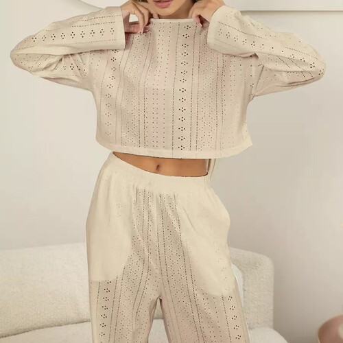 New spring/summer European and American-style women's set: hollow-out jacquard, fashionable and minimalist style, long sleeves and trousers, slim-fit.