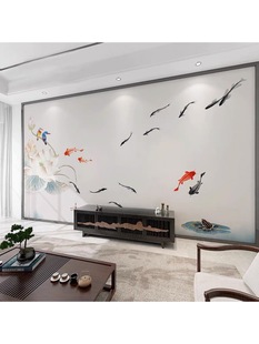 New Chinese Style Ink Lotus Tv Background Wall Wallpaper Fish Sofa Mural Flower Bird Branch Living Room Seamless Wall Covering