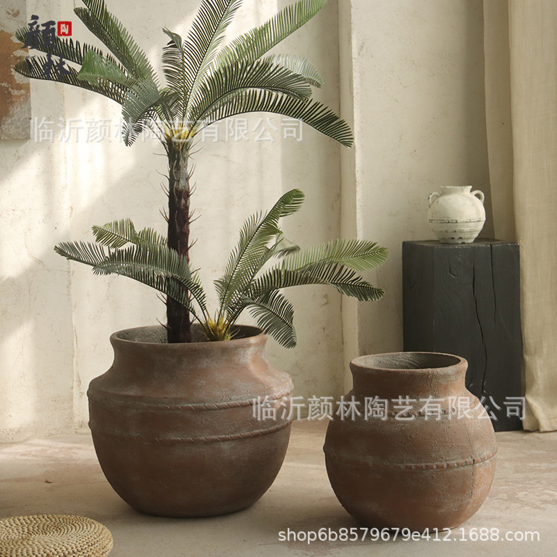 Retro manuales maceta de cemento gran vaso de estómago de textura natural Zen sala de té plantación verde ramas secas decoración floral