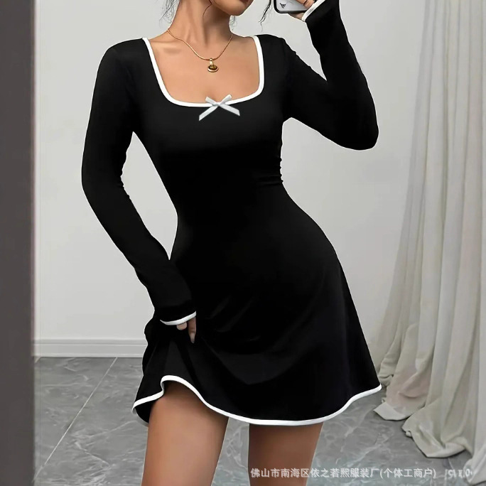 In Stock 2025 New Cross-Border European and American Spring and Autumn Square Tie Bow Mini Dress In Stock 2025 New Cross-Border European and American Spring and Autumn Square Tie Bow Mini Dress