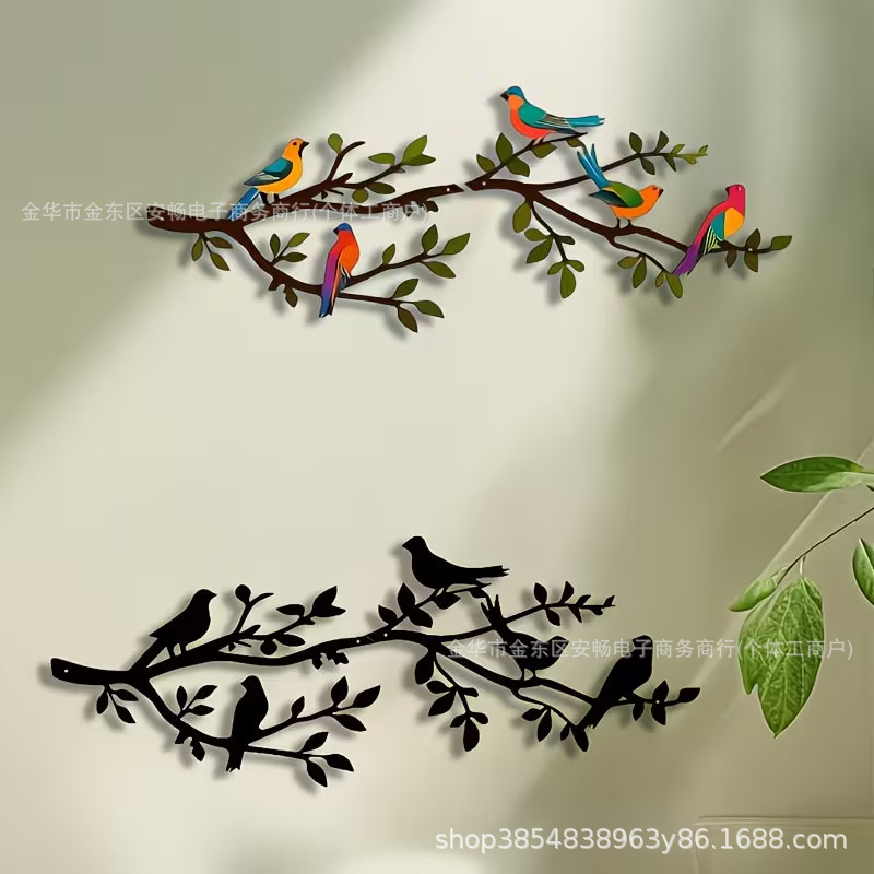 Cross-Border Iron Art Metal Bird on a Branch Wall Decoration, Rustic Style Black Branch Bird Wall Sculpture
