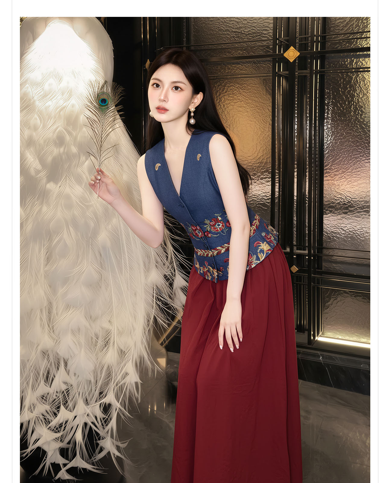 Bộ áo gile không tay và chân váy đỏ thêu hoa tân cổ điển — bộ đồ, nửa váy, Trang chủ chi tiết 6