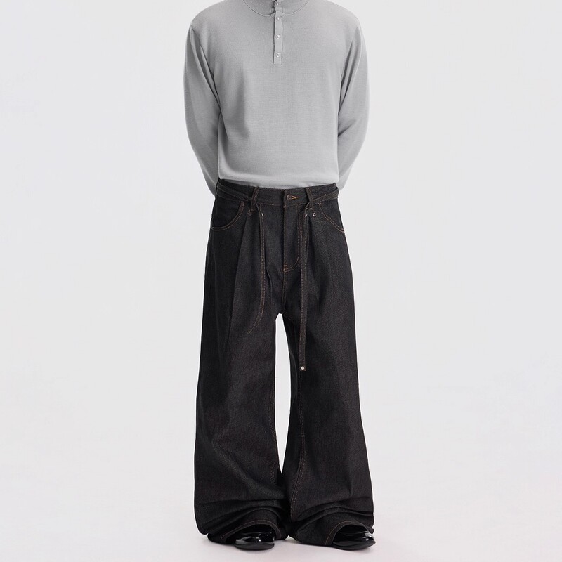 Blaexit Kendo Double-Pleated 13-Ounce Raw Denim A-Line Jeans for Men, Slightly Flared Straight-Leg Casual Trousers with a Draping Effect